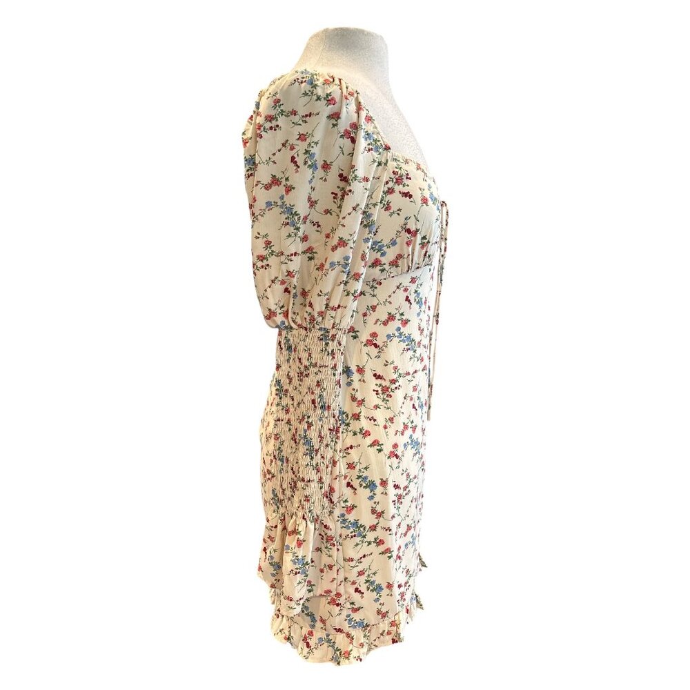 Native Daughters Cream Floral Mini Dress | Cottagecore Puff Sleeve Smocked Cuffs - Picture 4 of 8